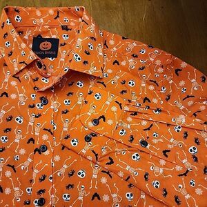 Simon Banks‎ Mens Size Medium Long Sleeve Button Up Orange Halloween Skulls bats